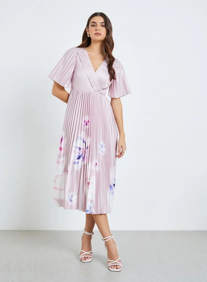 Styli Women Pink Floral Pleated Wrap Midi Dress